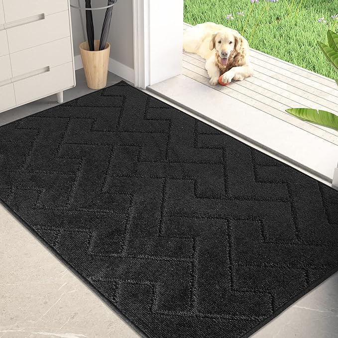 PURRUGS Dirt Trapping Door Mat 34" x 59", Non-Slip Machine Washable Entry Rug, Shoe Scraper, Dog Doormat, Super Absorbent Welcome Mat for Front & Back Door, Muddy Wet Shoes & Paws, Black