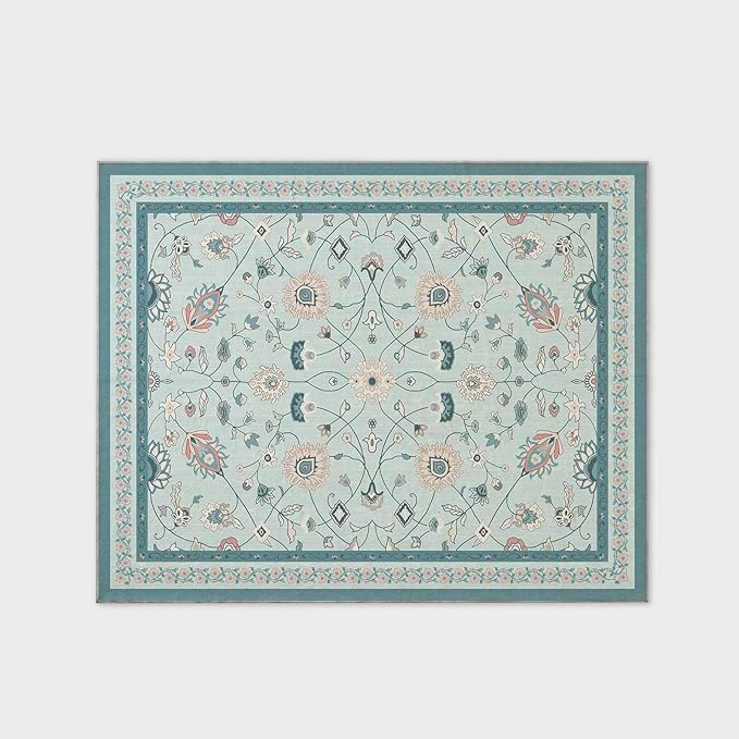 EVERGRACE Area Rugs for Living Room 8x10, Boho Floral Faux Wool Indoor Outdoor Rugs, Washable Rugs for Bedroom Dining Room Entryway Kitchen, Low Pile Floor Mat Carpet for Home Decor, Pale Blue