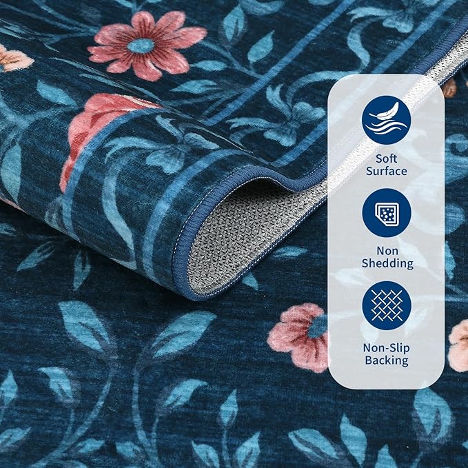 GarveeHome 3x5 Small Area Rug for Bedroom Floral Washable Rugs Non Slip Stain Resistant Living Room Throw Carpet Low Pile Dining Room Blue Area Rug Butterfly Bow Rugs for Nursery Home Decor, 3x5