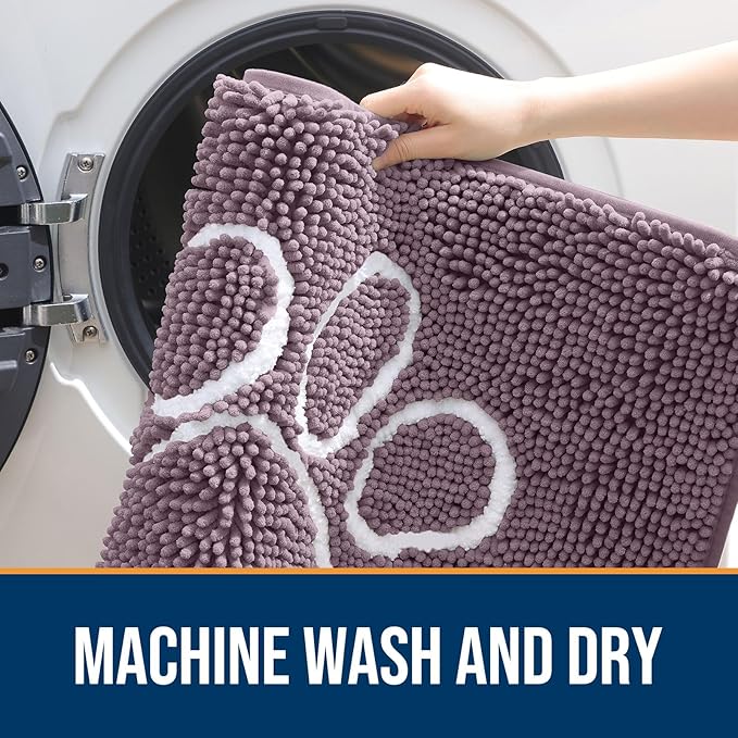 OLANLY Dog Door Mat for Muddy Paws 40x32, Paw Print Design, Absorbs Moisture and Dirt, Absorbent Non-Slip Washable Doormat, Quick Dry Chenille Mud Mat, Entry Indoor Entryway Carpet, Deep Plum