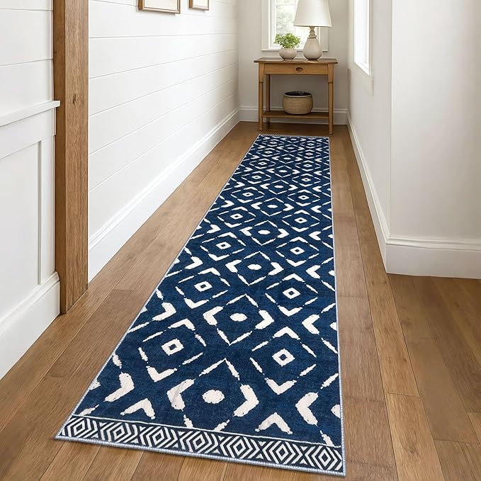 KILOCOCO Hallway Runner Rug 2.6'x10' Runners for Hallways Washable Runner Soft Non Slip Printed Geometric Low-Pile Rugs Runners for Bedroom Kitchen Living Room Boho Rugs, Blue