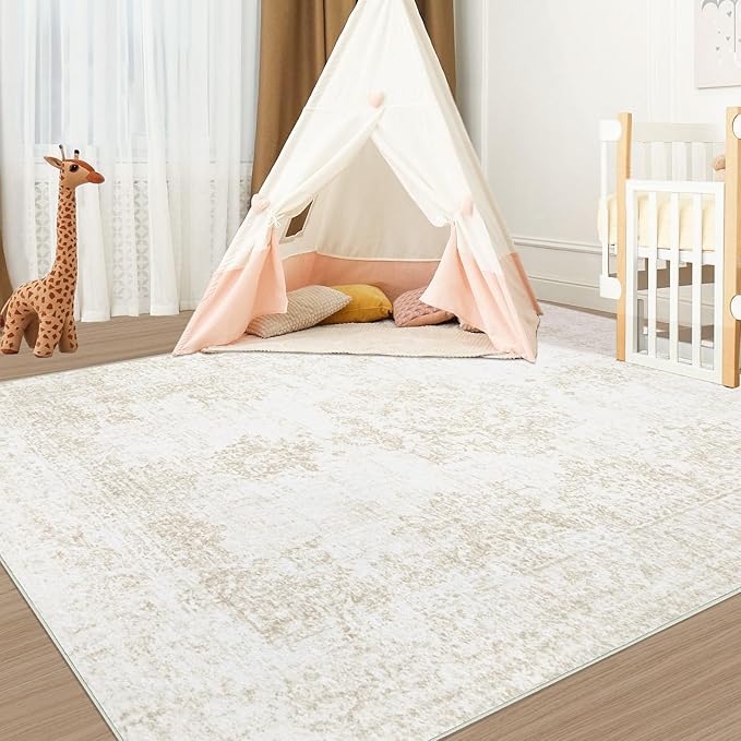 Area Rug 4x6 Entryway Rugs - Machine Washable Vintage Boho Area Rug Non-Slip Bedroom Rugs Soft Stain Resistant Living Room Carpet, Oriental Distressed Rug for Dining Room Office Nursery(Ivory, 4'x6')