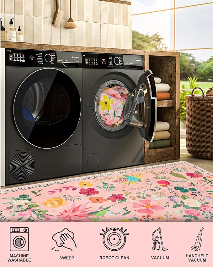 Boho Floral Runner Rug 2x6, Washable Non-Slip Kitchen Rug, Ultra Soft Vintage Carpet for Hallways, Kitchen, Bedroom, Bathroom (Pink)