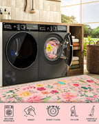 Boho Washable Area Rug 6x9 for Living Room, Bedroom, Office, Playroom, Kitchen or Dining Room, Soft Floral Carpet for Indoor Use, Easy Care Non-Slip Design (Pink)