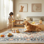 Area Rugs Square 6ft Washable Non-Slip, Floral Vintage Distress Print Pattern Medallion Carpet for Living Room Bedroom Dining Room, Beige Navy Blue Orange Colorful