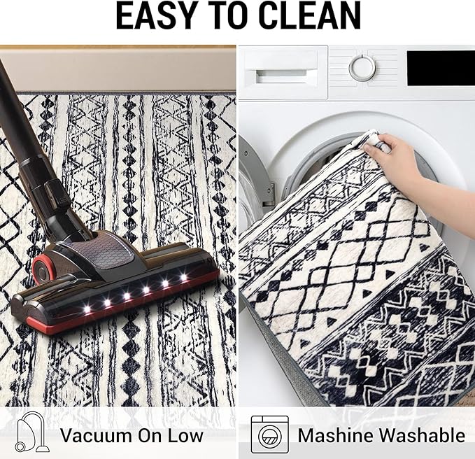 KUTA Moroccan Washable Runner Rug, 2.6x10 Non-Slip Vintage Black Navy Blue Boho Hallway Kitchen Rugs Ultra Soft Geometric Floor Carpet Runners for Bedroom Laundry Living Room