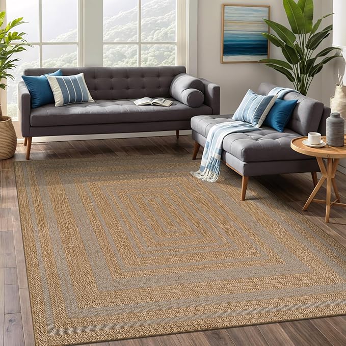 Beverly Rug Easy Jute Framed Border Rug 8x10 Washable Durable Indoor Outdoor Area Rugs for Living Dining Room Patio Office Stain Resistant Non Shedding Casual Indoor Outside Carpet 8 x 10 Natural