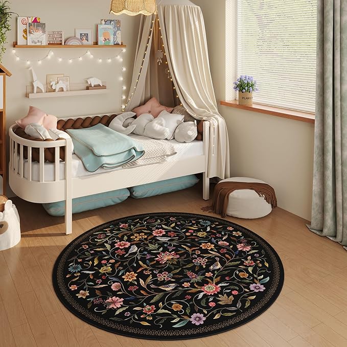 Vintage Medallion Floral Round Rug 4ft, Washable Circle Area Rug, Non-Slip Soft Low Pile Circular Carpet for Bedroom, Living Room, Dining Room, Entryway, Office, Kids, Bathroom | Black