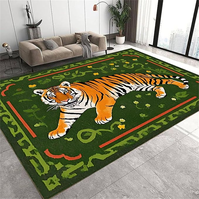 Jungle Tiger Area Rug,3x4ft, Cozy Jungle Style Tiger Print Area Rug Surrounded by Green Plants and Yellow Flowers Washable Animal Rug for Farmhouse Living Room Bedroom Kitchen Kids Room Decor
