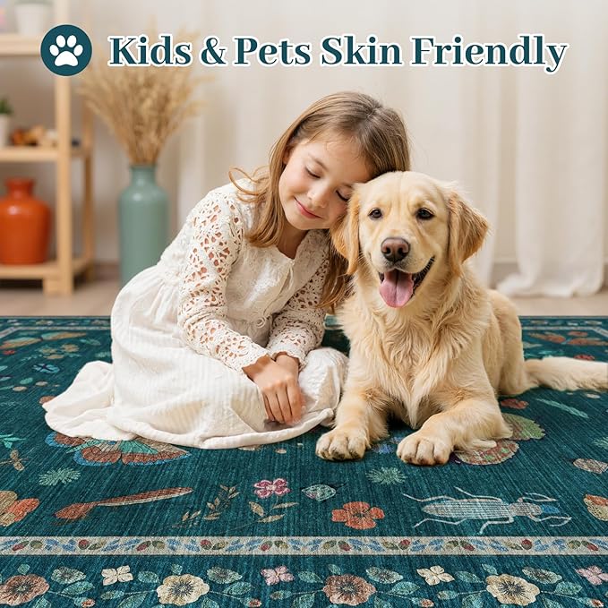 5x8 Insect Print Entryway Rug - Indoor Non-Slip Low Pile Machine Washable Bug Rug for Front Door, Living Room, Bedroom, Kitchen, Nursery, Laundry (5'x8' Teal)