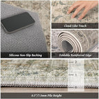 Washable 3x5 Entryway Rug, Boho Non-Slip Vintage Distress Small Rugs for Kitchen Nursery Office Bedroom, 0.3" Neutral Oriental Throw Thin Carpet with Cushioning Pad, Flaxen/Brown/Multi