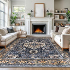 KOZYFLY Boho Area Rug 9x12 Ft Thin Rugs for Living Room Washable Bedroom Rug Non Slip Rugs for Living Room Gold Navy Printed Faux Wool Vintage Bedroom Rug Floor Carpet for Dining Room