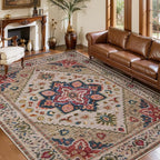 Tangsoo Vintage 4x6 Area Rug, Washable Non Slip Indoor Rugs, Oriental Machine Washable Rug Carpet, Soft Low Pile Foldable Floor Rugs for Dining Room Bedroom Living Room Home Decor Beige/Red