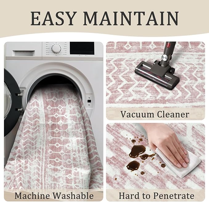 6x9 Machine Washable Area Rug for Living Room, Pink Vintage Moroccan Rug Large Non-Slip Low Pile Soft Faux Wool Carpet, Kids and Pets Friendly for Bedroom Dining Room Farmhouse Home Decor Rug