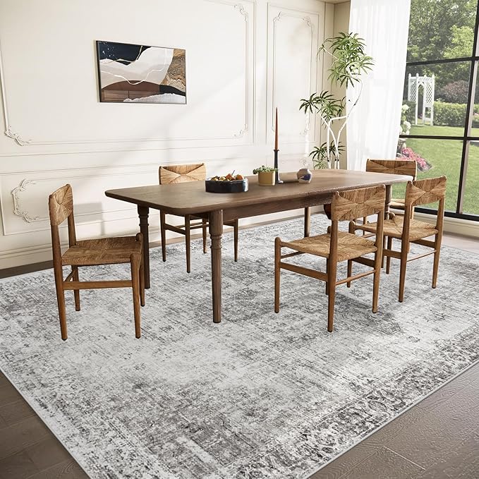 Area Rug 9x12 Washable Rug, Vintage Boho Medallion Rugs Non-Slip Soft Low Pile Large Distressed Rug Indoor Retro Carpet for Living Room Bedroom Dining Room Home Office (Grey, 9'x12')