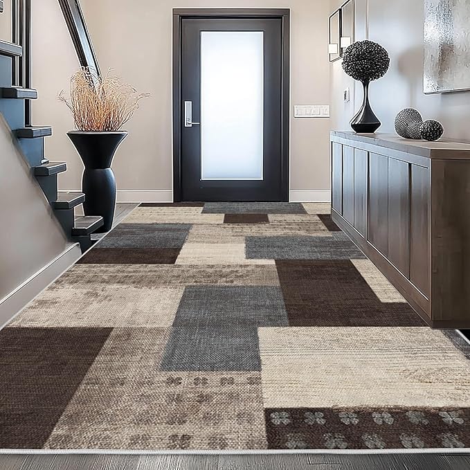 Modern Geometric Patchwork Indoor Area Rug for Living Room, Blue-Taupe 5'x 7' Large Rug Rockwood Collection Hardwood Floors Decor for Bedroom, Blue Throw Carpet for Office Entryway Dining Room