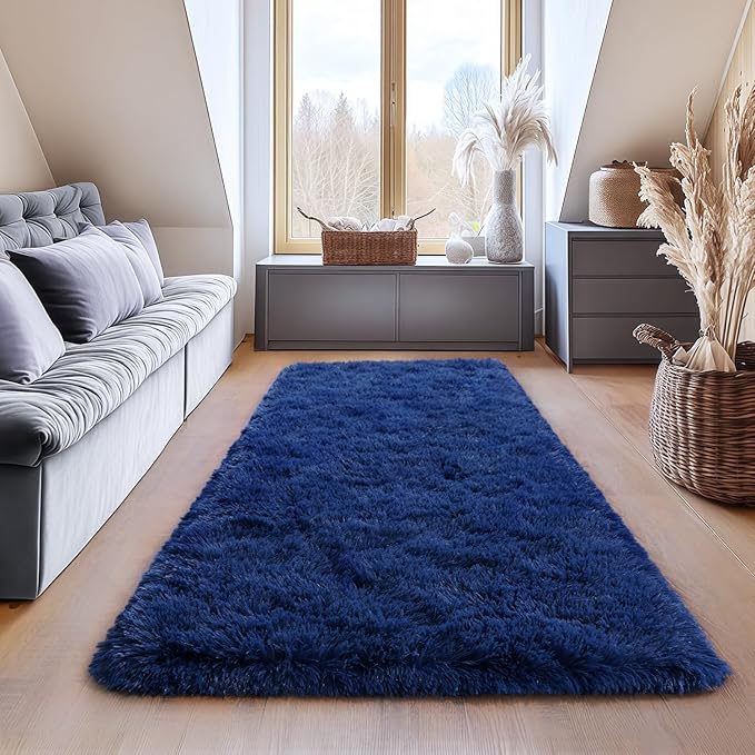 Shag Area Rugs for Living Room, Soft Fuzzy Plush Rugs, Upgrade Anti-Skid Modern Furry Rugs Fluffy Carpets for Kids Room Nursery Home Decor Dark Blue, 2x6Feet