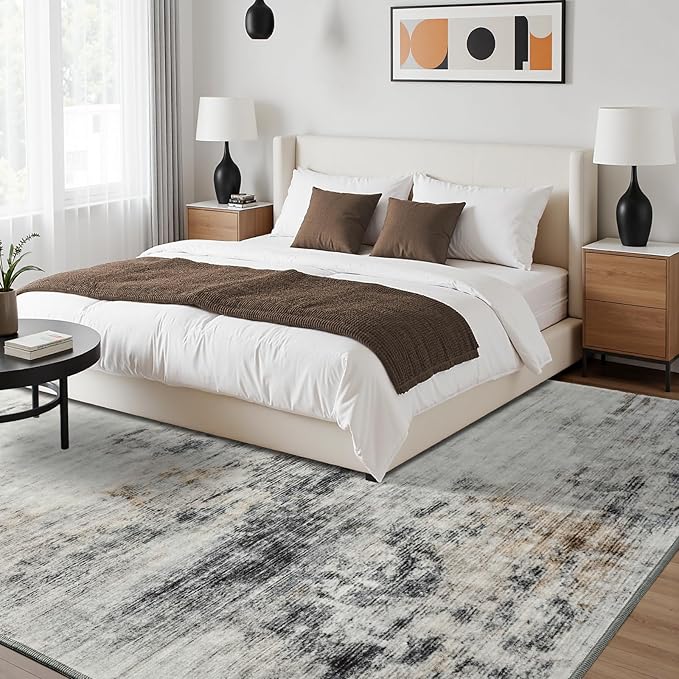 Toneed Abstract Area Rug 6x9 Modern Washable Rug Soft Non Slip Rug Low Pile for Bedroom Living Room Dining Room Grey/Brown