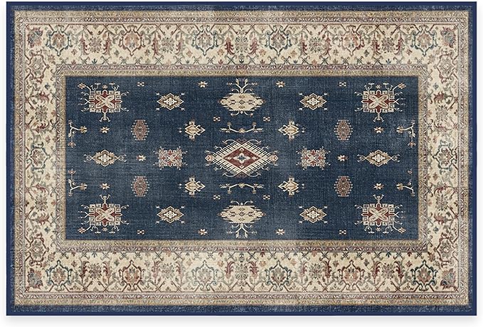 RUGGABLE Washable Vintage Area Rug – Verena Sapphire 2x3, Stain-Resistant, Non-Slip – Small Machine Washable Rugs for Living Room, Bedroom, Hallway, Entryway & Bathroom–with Cushioned Pad