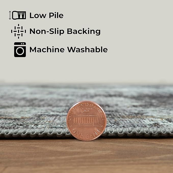 GLN Rugs Contemporary Collection - Machine Washable Area Rug, Contemporary Washable, Non Slip, Low Pile Chenille Rug, Living Room, Bedroom, Kitchen Rug (2'6" x 7' Grey/Green)