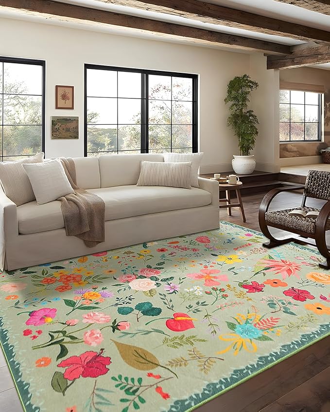 Area Rug 8x10, Washable Large Rugs for Living Room, Non Slip 0.27" Low Pile Vintage Floral Large Carpet for Bedroom, Dining Room, Kids Playroom (Green)