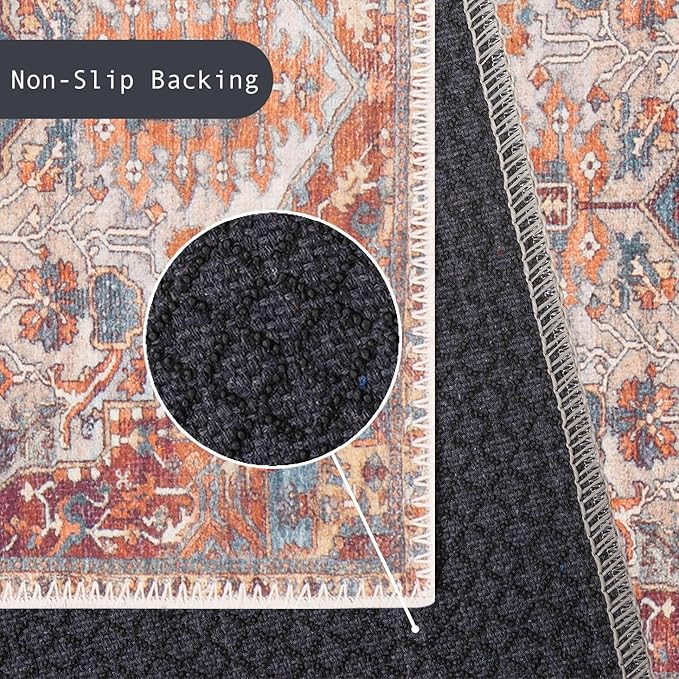 GLN Rugs Traditional Collection - Machine Washable Area Rug, Traditional Washable, Non Slip, Low Pile Chenille Rug, Living Room, Bedroom, Kitchen Rug (2'6" x 7' Cream/Terra)