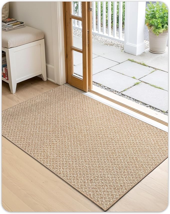 Color&Geometry 17"x30" Small Ultra Thin Indoor Door Mat Non Slip Rubber Backed Dirt Trapper(Rolled-up NO Creases), Rugs for Entryway, Front Door Mat Indoor Washable Low-Profile Entry Mat, Khaki