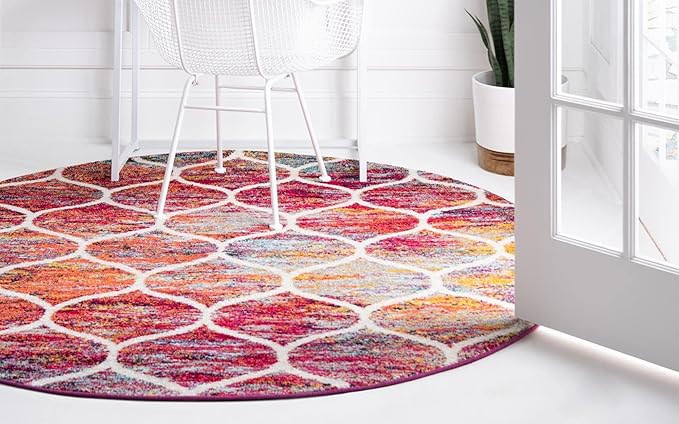 Rugs.com Lattice Frieze Collection Rug – 8' Round Multi Medium Rug Perfect for Kitchens, Dining Rooms