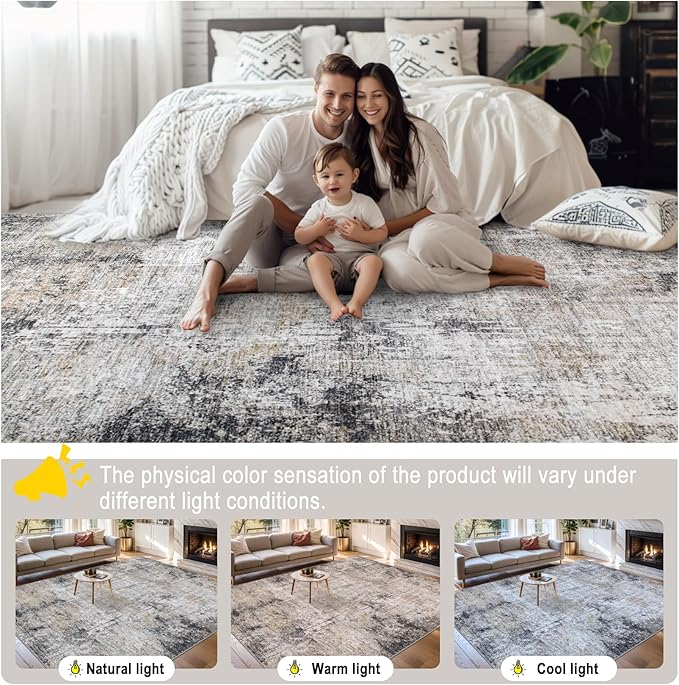 Area Rugs 10x12 Living Room - Washable Rug Modern Abstract Soft Large Neutral Non-Slip Carpet Indoor Floor Thin Carpets for Bedroom Dining Room Farmhouse Nursery Home Office Brown Black Grey