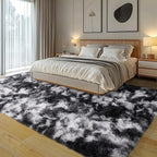 Fluffy Rug for Living Room Shaggy Area Rug High Pile Fuzzy Rug Non-Slip Indoor Floor Carpet Plush Area Rugs for Living Room Tie Dye Black White 6x9
