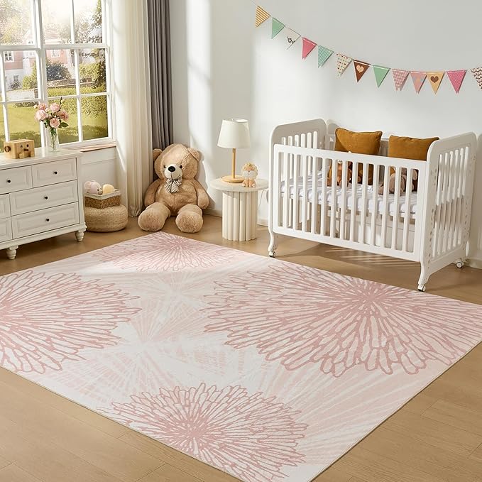 WITSHOCK Pink Rugs 7x10 for Bedroom Girls,Floral Modern Distress Print Pattern Carpet for Living Room Dining Room,Stain Resistant Anti Slip Backing Rugs for Kids Room Nursery Playroom,Light Pink