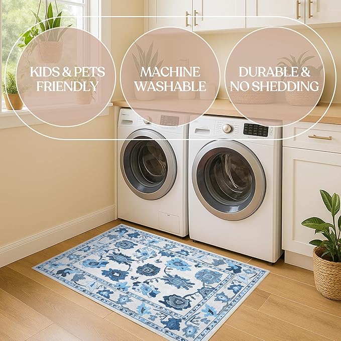Fame Living Navy Blue Oushak Rug, Modern Small Rugs, Vintage, Turkish, Eclectic, Floral, Pastel, Washable, Door Mat, Doormat for Indoor Entrance, Entryway, Kitchen, Bathroom, Bedroom, Laundry, 2'x3'