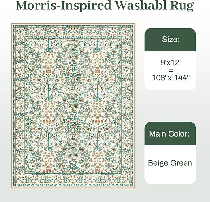 9x12 Area Rug Living Room Rug - Floral Vintage Forest Washable Carpet, Low Pile Non-Slip Stain Resistance Boho Soft Large Carpet for Bedroom, Dining Room Under Table, Farmhouse (9'x12' Beige Green)