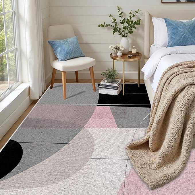 Abstract Art Line Living Room Area Rugs 5x8, Modern Boho Geometric Print Rug, Minimalist Washable Non Slip Neutral Soft Carpet for Bedroom, Dining Room Office Playroom, Black Gray