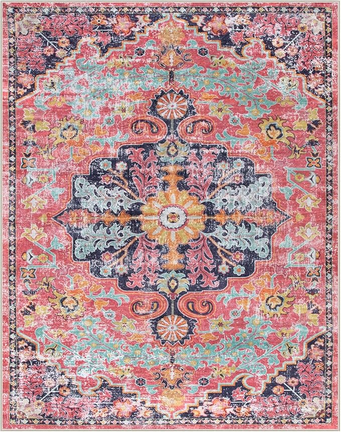 Lahome 8x10 Area Rugs for Living Room, Washable Rugs for Bedroom Aesthetic Large Dining Room Rugs for Under Table, Bohemian Printed Low Pile Nursery Carpet for Playroom Home Office, Fuchsia/Multi