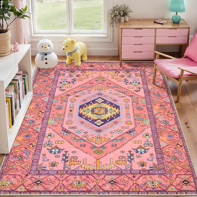 SERISSA 3x5 Boho Area Rug, Washable Non-Slip Rugs for Baby Girls Bedroom, Ultra Soft Cute Pastel Aesthetic Fuchsia Pink Rugs for Nursery Indoor Entryway Kitchen Office Kids Playroom Dorm Decor