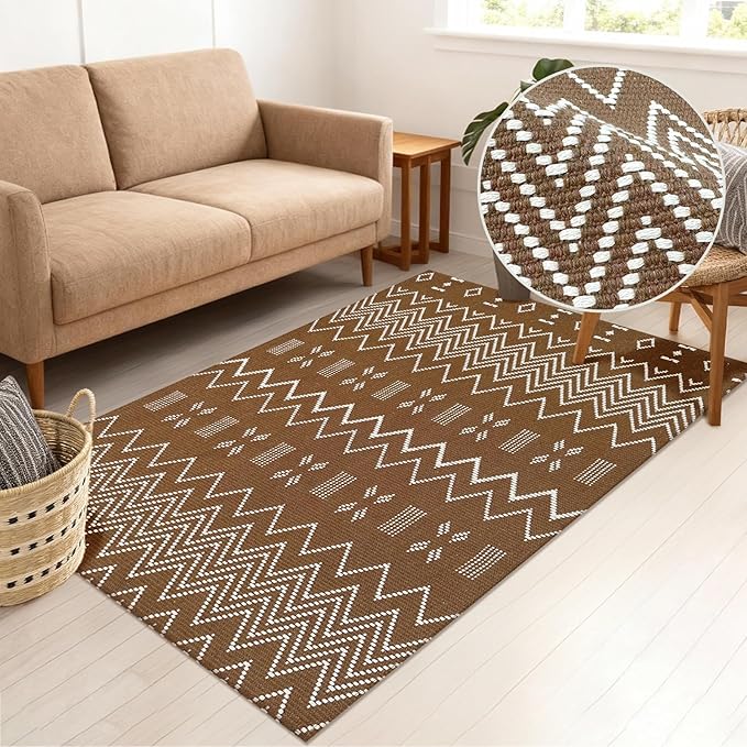 Boho Rugs for Living Room,3x5 ft Braided Rug,Washable Faux Jute Rug for Bedroom,Cotton Soft Entryway Rugs,Floor Carpet with Rubber Backed,Non Slip,Brown/White
