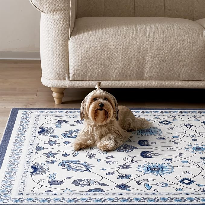 EVERGRACE Area Rugs for Living Room 4x6, Boho Floral Faux Wool Indoor Outdoor Rugs, Washable Rugs for Bedroom Entryway Dining Room Hallyway, Low Pile Floor Mat Carpet for Home Decor, Porcelain Blue