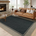 Moynesa Striped Border Easy Jute Outdoor Rug 8x10, Washable Indoor Outdoor Patio Area Rugs for Living Room Non Slip, Modern Classic Farmhouse Carpet for Dining Room Table, Black