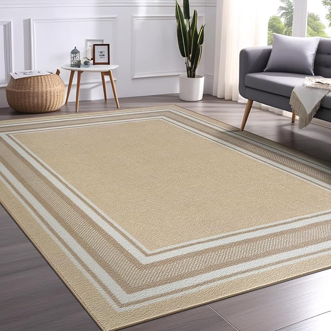 Beverly Rug Non Slip Area Rugs 5x7 Modern Bordered Non Skid Rubber Backing Soft Area Rug for Living Dining Room Easy to Clean Non Shedding Kitchen Bedroom Indoor Carpet 5 x 7 Beige