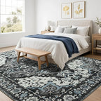 Area Rugs 6x9 for Living Room, Bedroom, Washable Vintage Rugs -Low Pile Distressed Rugs for Kitchen, Dining Room, Water Repellent & Non Shedding, Black and Blue