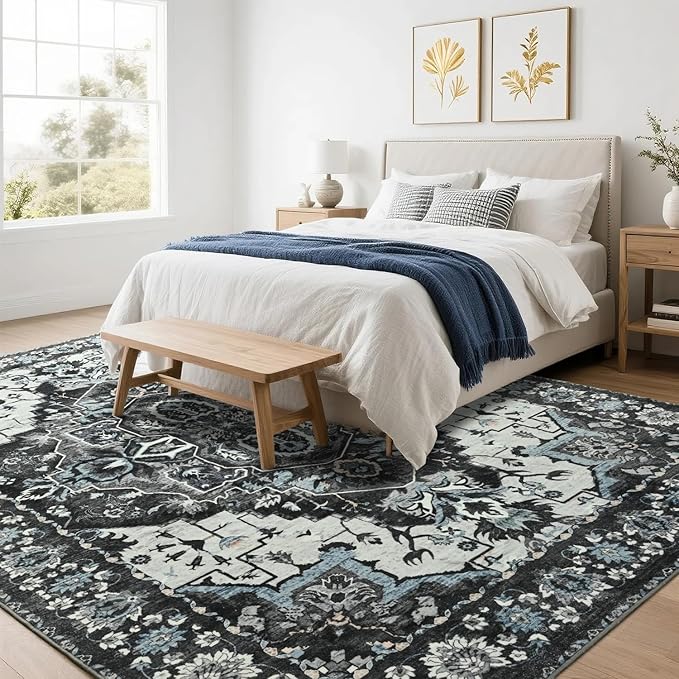 Area Rugs 6x9 for Living Room, Bedroom, Washable Vintage Rugs -Low Pile Distressed Rugs for Kitchen, Dining Room, Water Repellent & Non Shedding, Black and Blue