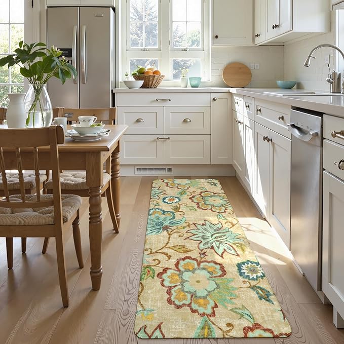 Lahome Floral Washable Kitchen Runner Rugs with Rubber Backing - 2x5 Rug Runner Lightweight Non-Slip Soft Bathroom Carpet, Boho Beige Paisley Carpet for Hallway Bedroom Laundry Room