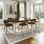 Area Rugs Square 8ft Washable Non-Slip, Floral Vintage Distress Print Pattern Medallion Carpet for Living Room Bedroom Dining Room, Beige Navy Blue Orange Colorful