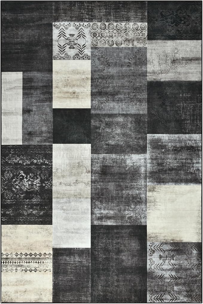 Tepook Modern Area Rug for Living Room, 4x6 Geometric Large Rugs for Bedroom, Washable Patchwork Rug Indoor Non-Slip Throw Carpets for Dining Room Office Farmhouse Home Decor, Black and White