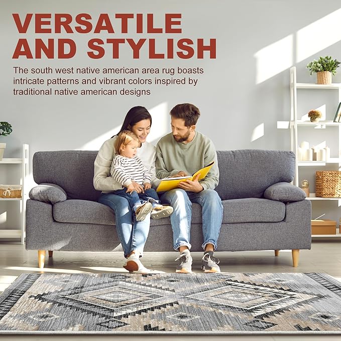 YHSF South West Native American Rug Ritz – Native Tribal American Indian Inspired Rug - Living Room, Bedroom, Hallway, Entryway & High Traffic Area Rugs Washable - Soft - Light Grey, 8 Feet x 10 Feet