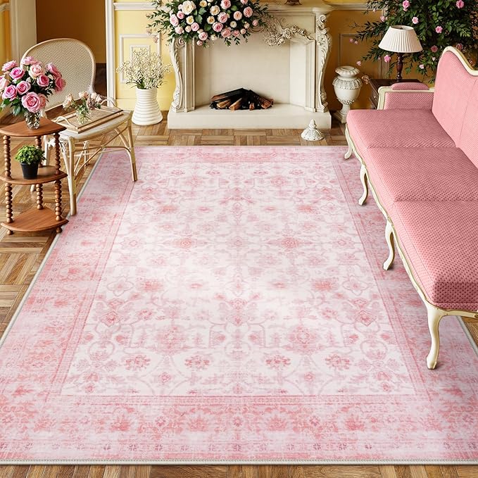 LIVEBOX 8x10 Pink Area Rug for Living Room, Vintage Soft Washable Bedroom Area Rugs, Non-Slip Foldable Floral Rug, Indoor Carpet for Dining Room Nursery Dorm Home Decor