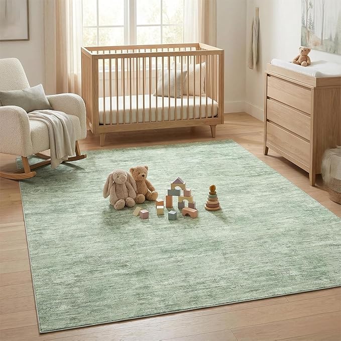 Garvee Modern Washable Rugs 8x10 Area Rug for Living Room, Non Slip Non Shedding Solid Color Floor Cover Stain Resistant Low Pile Carpet Foldable Thin Mats for Bedroom, Dining Room, Nursery, Green