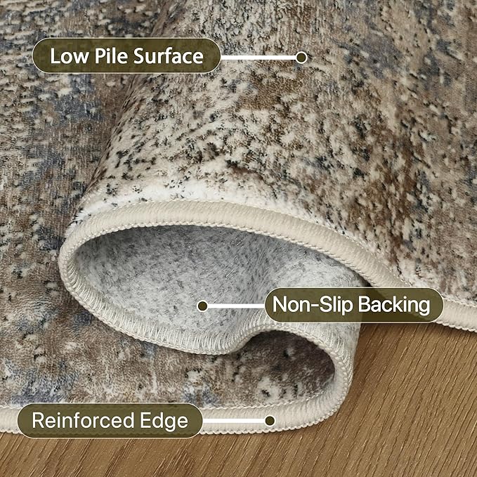 GENIMO Washable 8x10 Area Rugs for Living Room, Non Slip Modern Abstract Rug, Machine Washable Stain Resistant Low Pile Soft Carpet for Bedroom, Dining, Office,Grey Beige