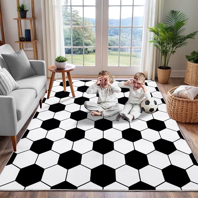 Soft Soccer Rugs for Bedroom, Machine Washable, Cute Bedside Boys Area Rug for Kids Toddlers Teens, Soccer Lovers Home Decor Indoor Carpet for Living Room, Dorms, Nursery, 3x4 FT